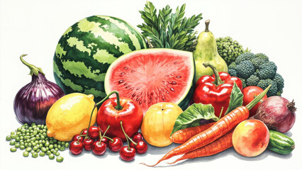 Watercolor illustration of fresh fruits and vegetables on a white background