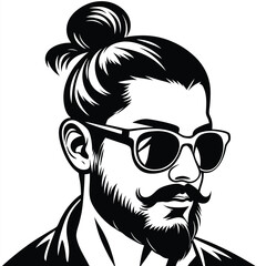 Stylish Caucasian man with beard and bun hairstyle is wearing sunglasses vector