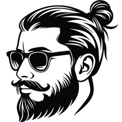 Stylish man with beard and topknot gazes confidently through dark glasses in monochrome