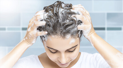 Naklejka premium Woman's hands massaging lathered hair, cleaning scalp with shampoo for fresh, healthy hair and beauty routine
