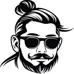 portrait shows a stylish man with a bun, beard, and sunglasses