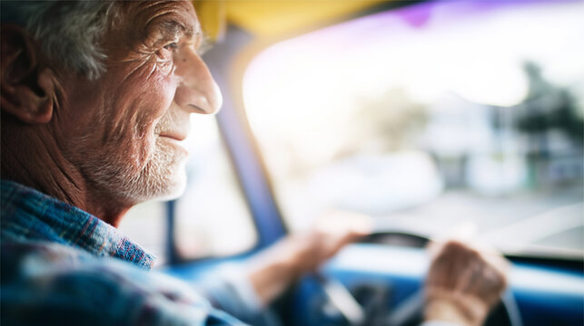 Fototapeta Senior man with wrinkled face driving a vintage car, enjoying independence and the open road journey