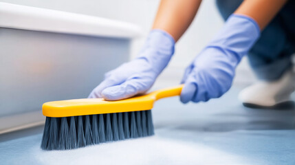 Hands in blue gloves scrubbing a floor surface with a yellow brush, performing cleaning duties for hygiene