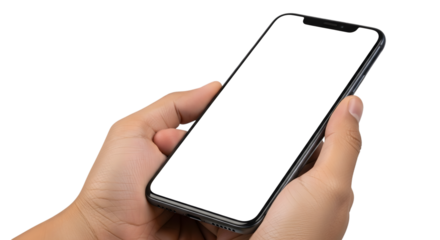 Person holding a modern smartphone with a blank screen, isolated on transparent background