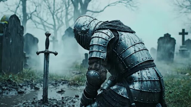 Knight kneeling before sword in foggy graveyard. Mourning warrior in misty cemetery. Dark fantasy scene of solitude and remembrance.