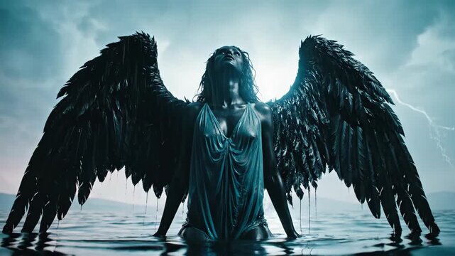 Woman with black wings in stormy waters. Dark angel emerging amid lightning and reflections. Mystical fantasy sequence transitioning to twilight glow
