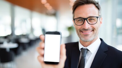 Smiling businessman in glasses holds up a smartphone for a photo.