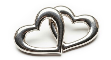 Silver heart-shaped figurines on a white background, concept of copy space  