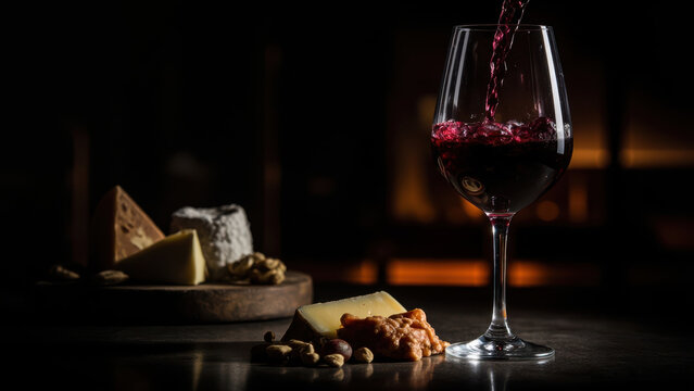 Red wine pouring into a glass with cheese and nuts, a perfect pairing