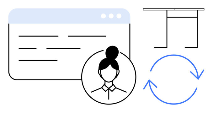 Website layout, user profile, arrows forming a loop, and desk outline. Ideal for user interface, profile setup, workflow, loop process, soft skills digital tasks simple flat metaphor