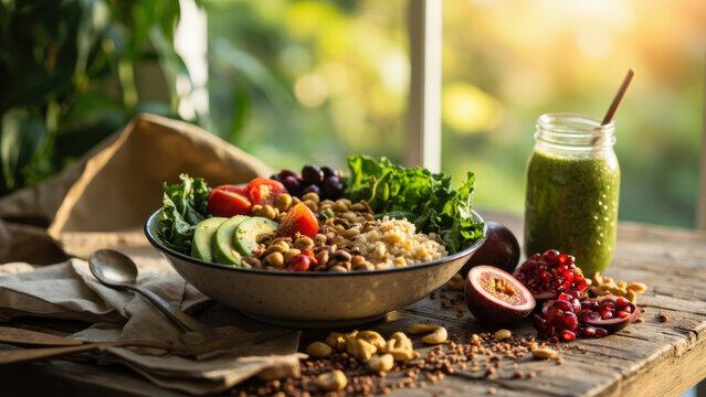 Delicious and healthy vegan salad with fresh ingredients and a green smoothie - Powered by Adobe