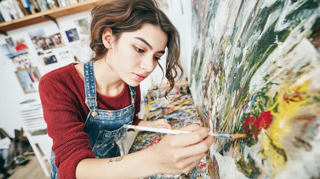 Young woman artist concentrating, applying thick paint strokes to a colorful abstract artwork with a brush in her studio