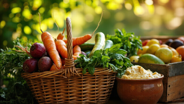 Freshly harvested vegetables and fruits in a rustic basket and wooden crate