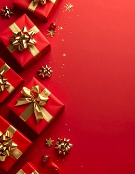 Cajas de regalo con mo&ntilde;os dorados en la parte inferior, fondo rojo mate y &aacute;rea superior limpia para texto