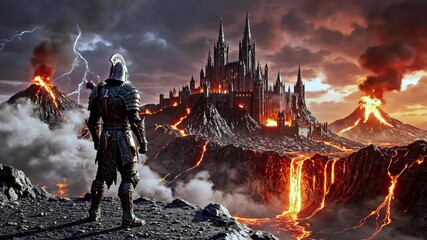 Warrior watches volcanic fortress under dramatic sky with lightning and lava flows - Powered by Adobe