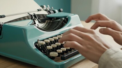 Closeup of hands typing on vintage typewriter showing writing sequence. Nostalgic creative process with paper and keys. Literature and storytelling concept.