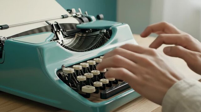 Closeup of hands typing on vintage typewriter showing writing sequence. Nostalgic creative process with paper and keys. Literature and storytelling concept.