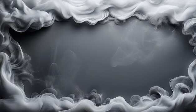 a gray backdrop features a frame formed by flowing white smoke adding a visual border