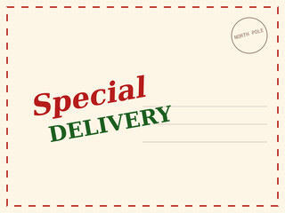 Special delivery postcard design with festive colors and North Pole stamp for holiday greetings