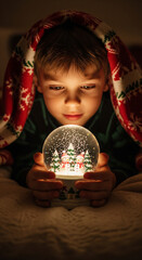 A Christmas snow globe with a snowman in the hands of a boy on Christmas Eve, a Christmas gift, magic.”