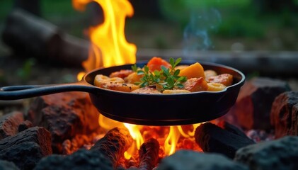 A crackling campfire flames lick at a cast iron skillet, cooking delicious food outdoors Enjoy the rustic charm and warmth of campfire cooking , cast iron, relaxing, countryside