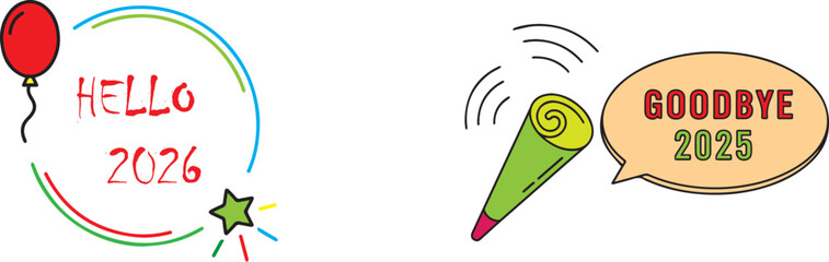 Red balloon with hello 2026 and green party horn with goodbye 2025 new year celebration