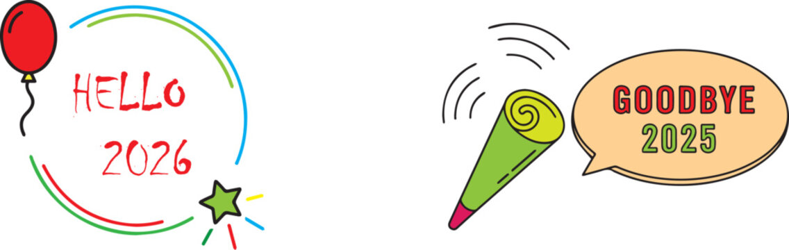 Red balloon with hello 2026 and green party horn with goodbye 2025 new year celebration