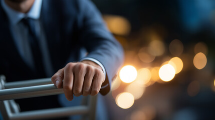 Professional superhero advancing in career progression concept faceless businessman defocused corporate ladder background successful trajectory visualization business