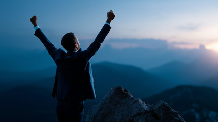 Silhouette of accomplished professional with elevated hands on mountain summit faceless businessman hiking defocused peak background celebrating triumph concept winner leader