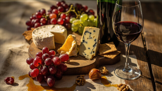 Delicious cheese and grapes with red wine, perfect for a romantic evening - Powered by Adobe