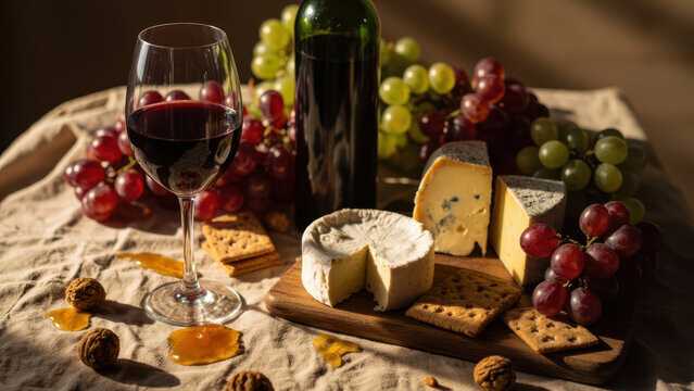 Wine and cheese still life with grapes, crackers, and walnuts on a table