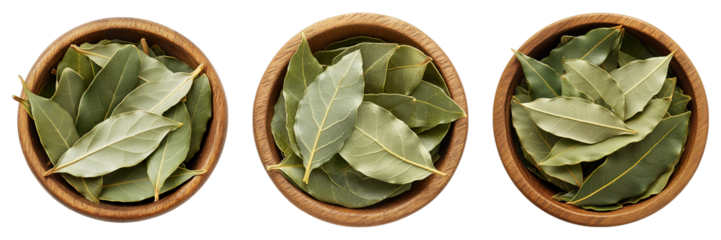Three bowls with green bay leaves are arranged in a row, showing the details of each leaf and bowl. The overhead shot showcases a natural, close-up look. 