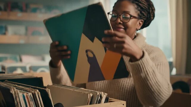 Woman browsing vinyl records in cozy store. Selecting green album from shelf. Examining cover with delight in music shop