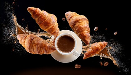 fresh croissants and coffee splash in mid air
