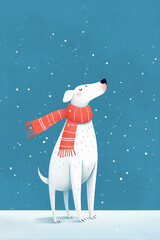 White dog wearing a red scarf standing in falling snow against a blue winter background