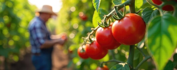 A farmer carefully examines ripe tomatoes on the vine, deciding which to harvest for optimal quality and yield The sunlit scene showcases the vibrant red fruit ready for picking , detail, crop
