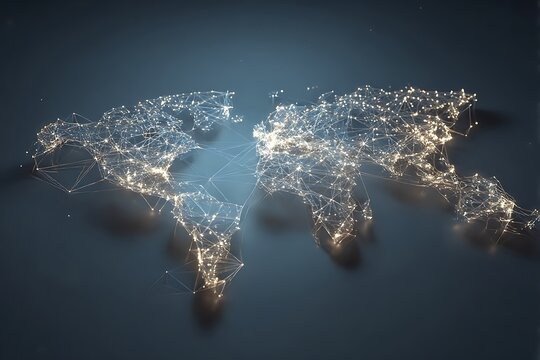 Glowing world map made of city lights at night
