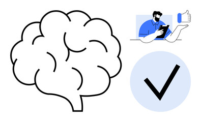 Brain outline symbolizing thinking, man with tablet approving with thumbs up, and a checkmark for validation. Ideal for decision-making, approval, success, feedback, mindset, creativity simple flat