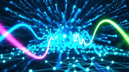 Abstract network backdrop with glowing lines and connected dots in blue and colorful waves design - Powered by Adobe