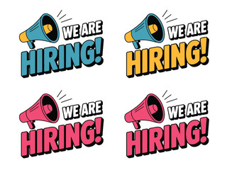 Four we are hiring signs with megaphones in different colors