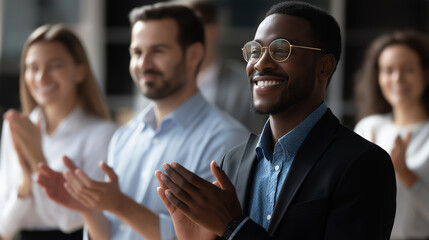 Multiracial collective of professionals applauding to congratulate leader faceless business team defocused office background standing ovation after successful meeting
