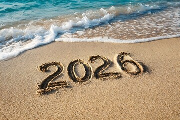 Year 2020 written in sand on a tropical beach with ocean waves