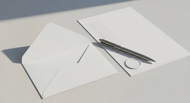 Elegant white stationery set with a blank letter, open envelope, silver pen, and wax seal on a clean sunlit surface