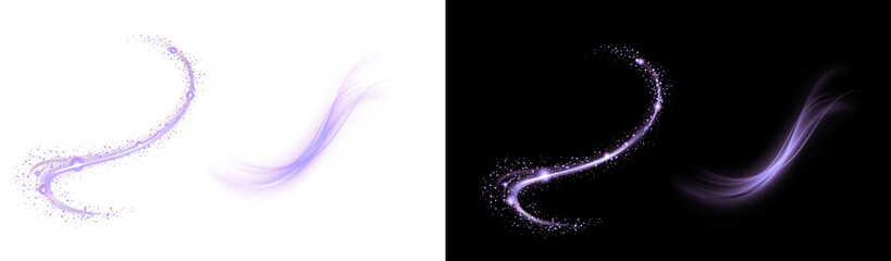 Two ethereal purple light trails sparkle on white and black backgrounds creating a magical and enchanting effect perfect for fantasy or scifi designs