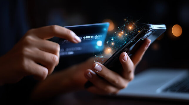 Mobile payment accomplished online shopping transaction defocused e commerce background digital banking secure technology app interface display financial success visualization