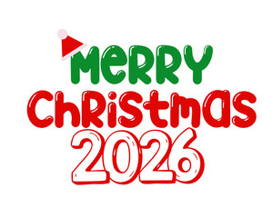 Festive merry christmas 2026 design with a santa hat perfect for holiday greetings invitations and seasonal decorations to celebrate the upcoming year in style on transparent background