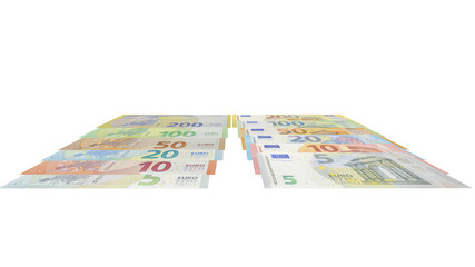Two piles of assorted euro banknotes from one hundred to five euros arranged in neat parallel rows, isolated on a plain transparent background in a tilted studio view.