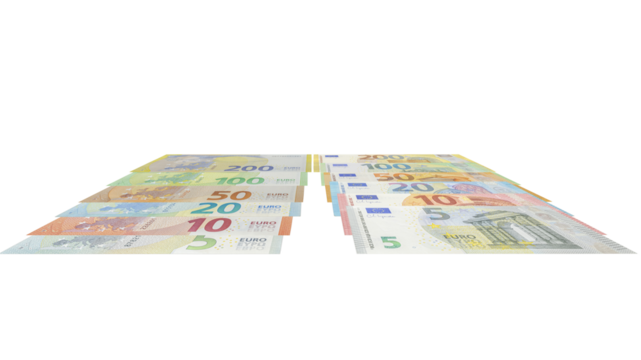 Two piles of assorted euro banknotes from one hundred to five euros arranged in neat parallel rows, isolated on a plain transparent background in a tilted studio view.