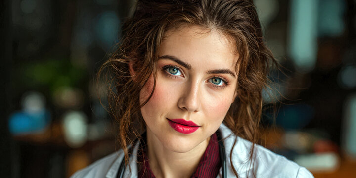 A young female doctor with curly brown hair and blue eyes examines a patient using a stethoscope at the office. She wears a white lab coat over a. - Powered by Adobe