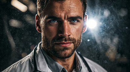 A dedicated doctor stands determined under dramatic lighting during a rainy night, ready to provide urgent healthcare. Use: hospital poster design.